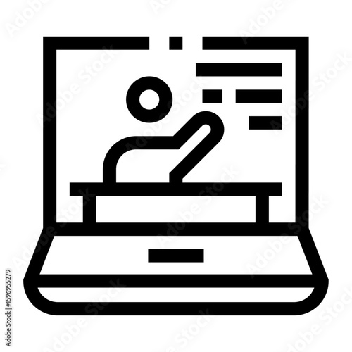 Icono de videoclase. Clases en línea, educación virtual y enseñanza. Persona dentro de una pantalla de computadora hablando, con ícono de cámara. Ilustración vectorial