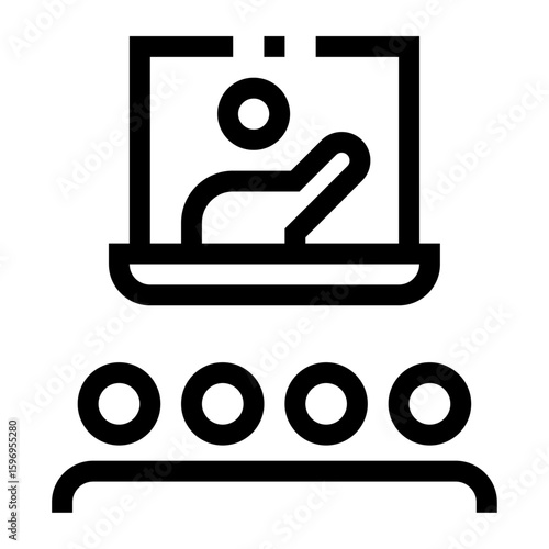 Icono de clase virtual. Enseñanza en línea y capacitación. Persona dentro de una pantalla de computadora hablando frente a un grupo de personas. Ilustración vectorial