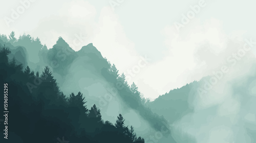 Misty mountain landscape with evergreen trees clinging to the slopes, shrouded in fog and soft light.