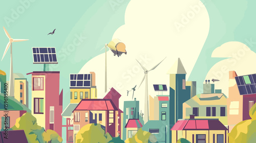 Colorful illustration of a sustainable city with solar panels, wind turbines, green energy, and a blimp floating in a bright, sunny sky.