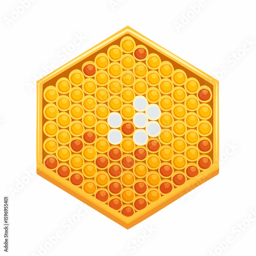 Detailed honeycomb cell cutaway showing wax layers, nectar, and developing bee stages in stylized vector.