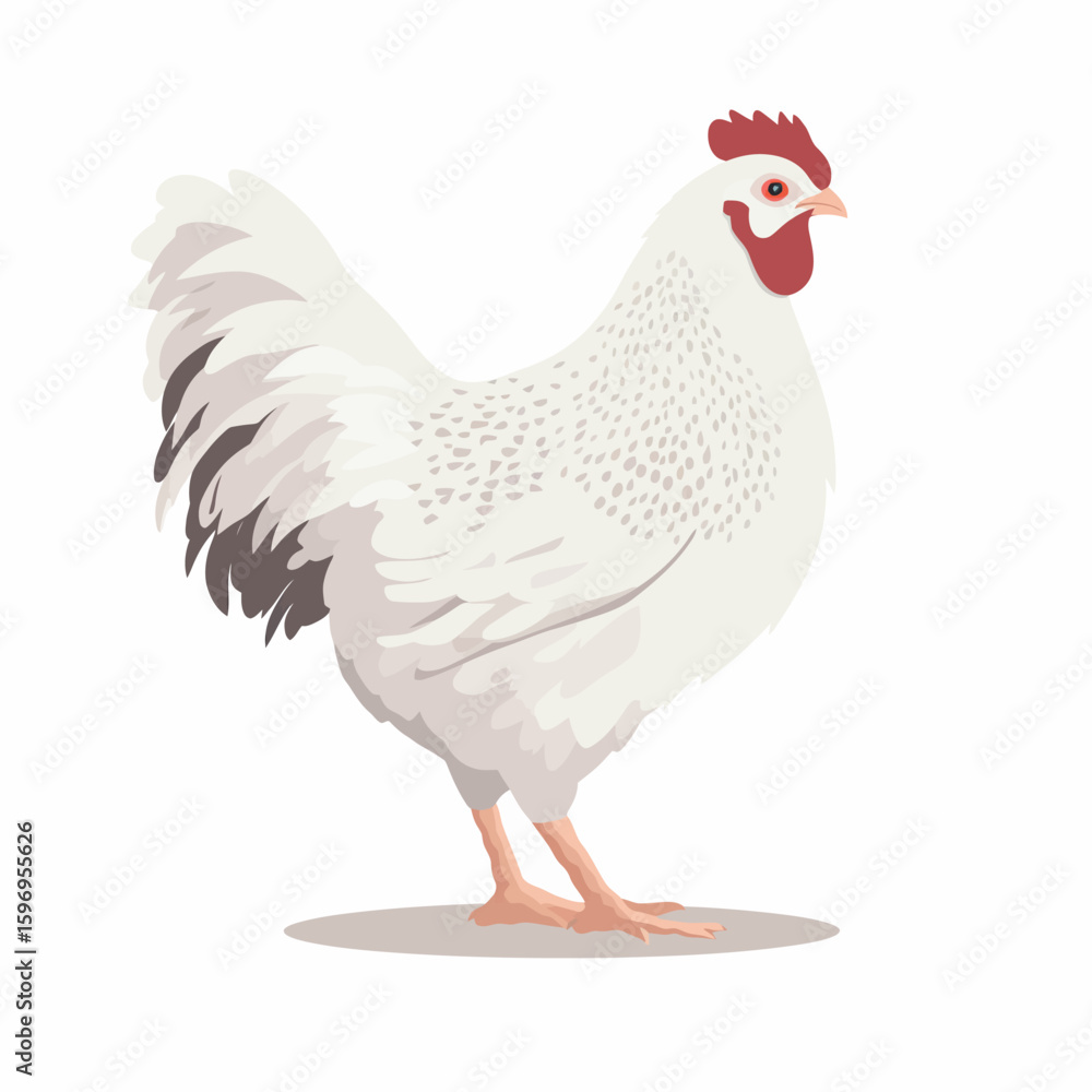 Fototapeta premium A white chicken stands in profile, its red comb and wattles visible, against a plain background.