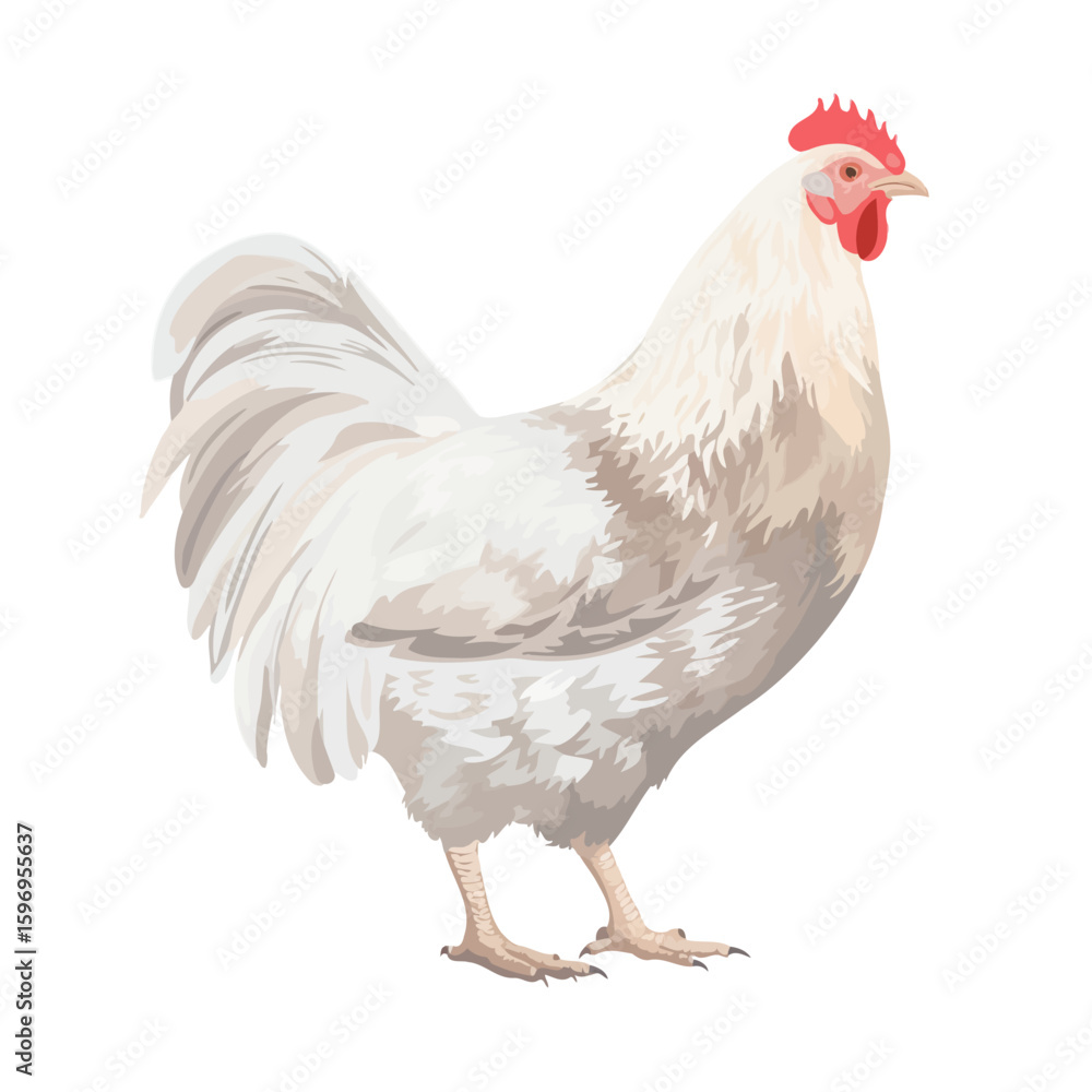 Fototapeta premium Illustration of a white rooster with a red comb and wattle, standing against a white background.