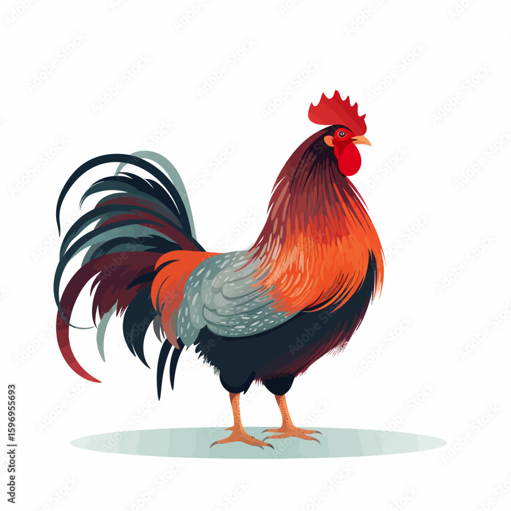 Fototapeta premium Illustration of a colorful rooster standing on a light green surface, showcasing vibrant red, orange, and gray plumage.