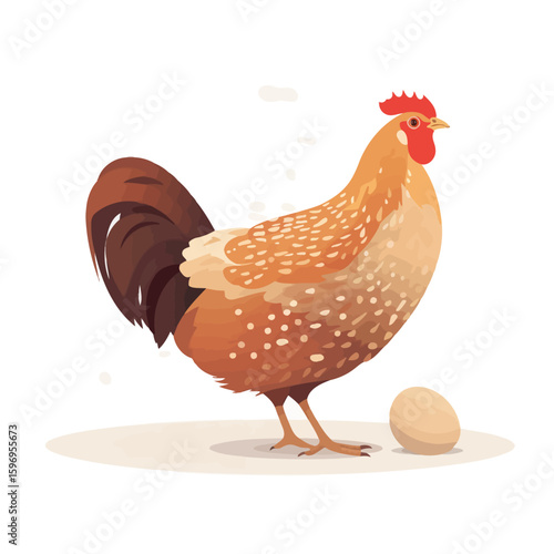 A brown and beige hen stands beside a single egg, depicted in a cartoon style against a white background.