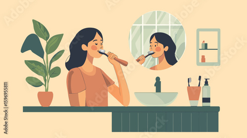 Illustration of a woman brushing her teeth in the bathroom, reflected in a round mirror above the sink, with a plant nearby.