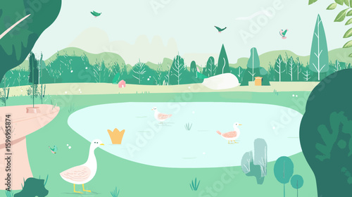 Illustration of a serene pond with geese swimming, surrounded by lush greenery, trees, and a small house in the background.