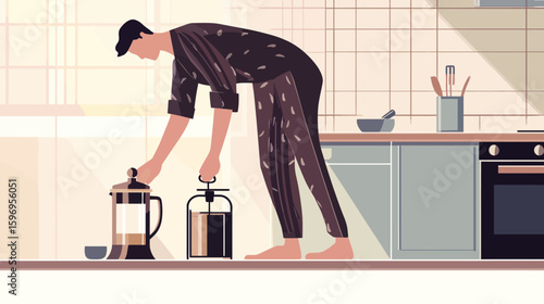 A man in pajamas prepares coffee using a French press in a bright, minimalist kitchen with tiled walls and modern appliances.