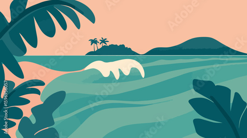 A stylized illustration of a tropical beach scene with waves crashing, palm trees framing the view, and an island in the distance against a peach-colored sky.