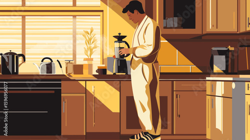 Illustration of a man in a robe making coffee in a sunlit kitchen with cabinets and appliances.