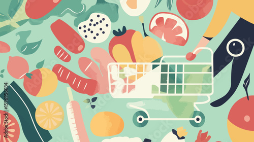 Illustration of a shopping cart surrounded by various fruits, vegetables, and healthy foods on a light green background.