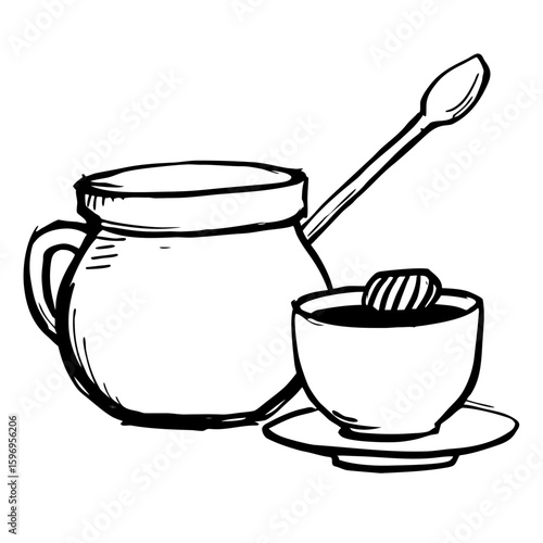 Honey jar with spoon beside teacup on saucer  