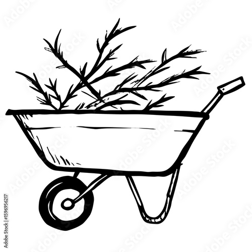 Wheelbarrow filled with trimmed branches in simple line art style  