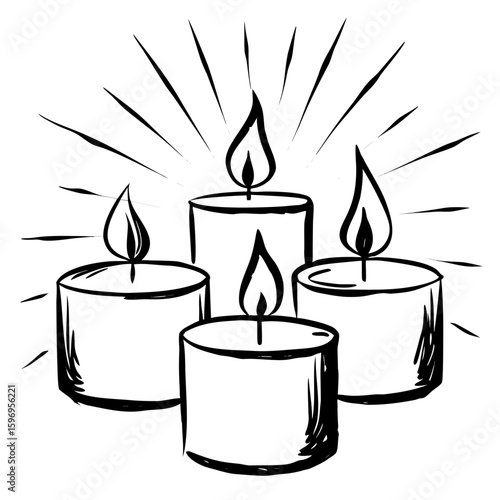 Hand-drawn tealight candles glowing with light rays on white background  