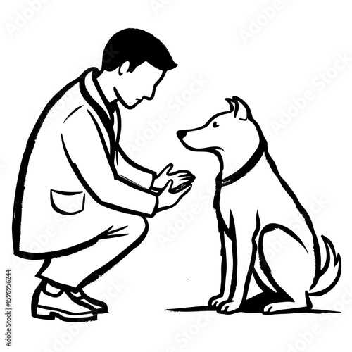 Veterinarian examining dog while kneeling in a caring manner  