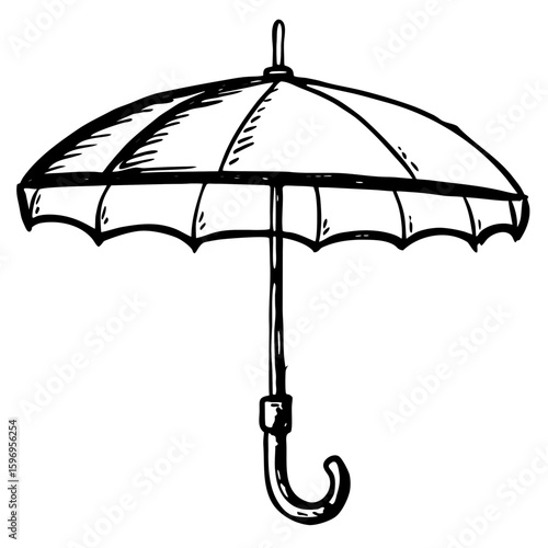 Classic umbrella illustration in black and white with hook handle  
