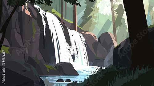 A vibrant cartoon illustration of a waterfall cascading down rocks in a lush forest with sunlight filtering through the trees.