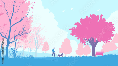 A Serene Stroll Through Sakura: A silhouetted figure enjoys a peaceful walk with a dog beneath the blooming cherry blossom trees in a picturesque park, capturing the tranquility of a spring day.