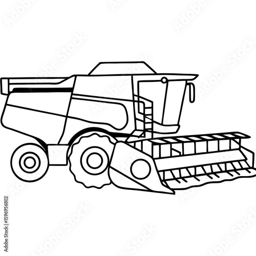 Illustrative combine harvester in clean outline style, ideal for educational content. Showing farm vehicle,