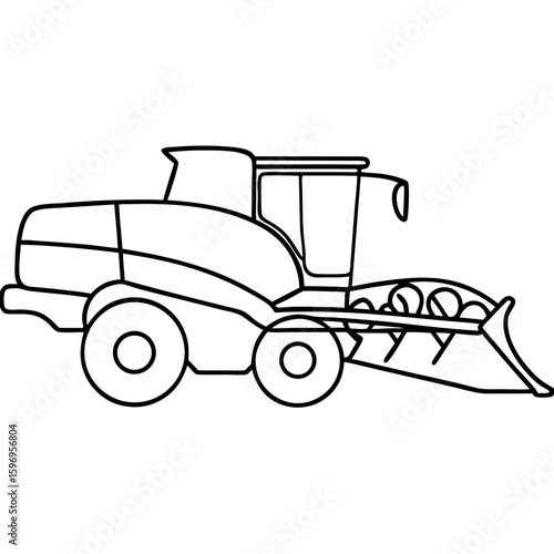 Isolated combine harvester outline illustration on white, representing agricultural machinery. Depicting combine harvester for use in coloring books and educational material.