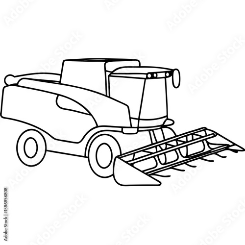 Combine harvester ready for fields. Combine harvester for agricultural work in black and white coloring book style.