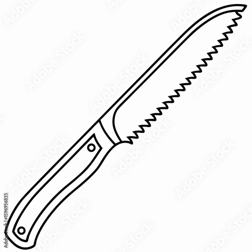 Cutting blade closeup shows knife with jagged edge for precise slicing, outlining handle and rivets. Cutting blade closeup reveals design of culinary tool, illustrating construction and functionality.
