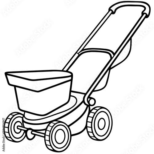 Fertilizer spreader in black and white, a simple outline illustration for your design needs. This fertilizer spreader depiction showcases lawn care equipment,