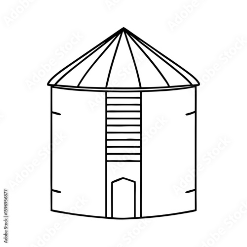 Outline illustration depicts grain storage bin with ladder and roof, a simple design. Grain storage bin offers efficient solution for agriculture, an icon that represents harvest and rural life.