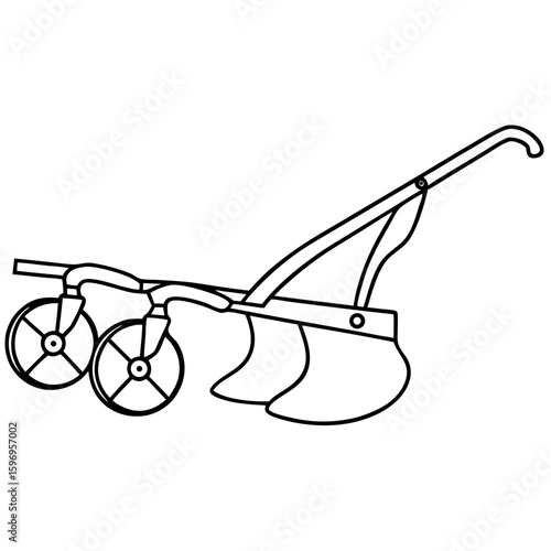 Plow-on-wheels equipment showcases tillage implement with metal blades and wheels for agriculture use. This plow-on-wheels device is designed to prepare soil for planting and cultivation,