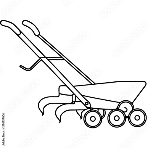 Seed-drill implement for farming operations in fields, outline representation of seed-drill, featuring wheels, handle, and seed box.