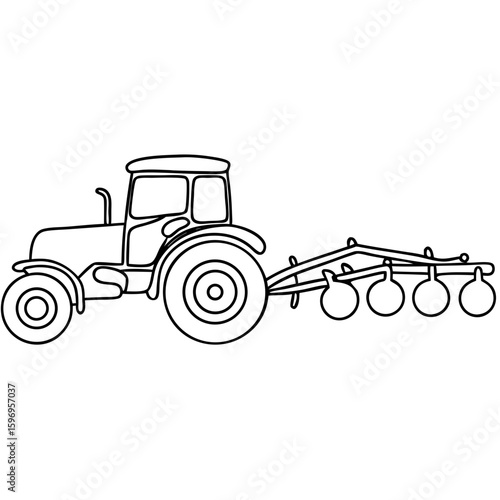 Tractor with disc harrow drawing ready for field work, preparing land for sowing. Tractor with disc harrow implements sustainable agriculture.