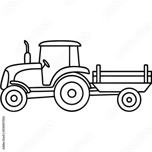 Tractor with trailer outlined in black on white, a simple drawing. Tractor with trailer symbolizes agricultural work and farm life.