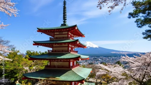 Wallpaper Mural Buddhist Pagoda in Temple. Famous Japanese Temple Hyperlapse. with cherry blossoms all around and a beautiful mountain backdrop. 4k videos Torontodigital.ca