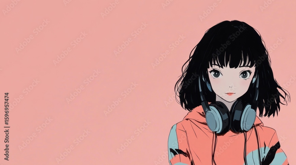 Obraz premium Pastel-toned anime girl in headphones, a digital illustration.