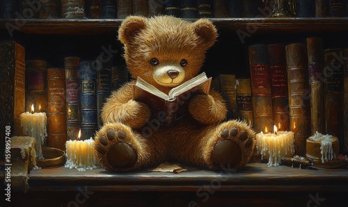 Teddy bear reading book in library