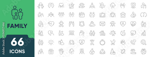 Family Line Icon Set. Set of 66 outline icons including parents, children, home, love, relationships, baby care, bonding, and lifestyle. Editable stroke. Linear vector illustration.