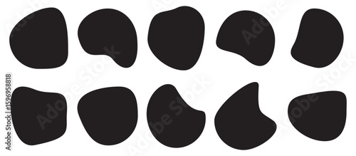 Organic shape round form set. Liquid organic blob. Abstract organic blob shapes vector irregular figures isolated on transparent background. Black cube drops. Various shapes of irregular blobs