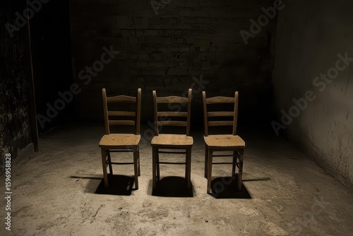 Three wooden chairs in a dimly lit room.