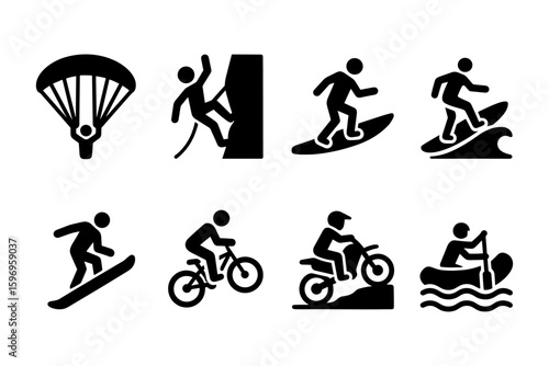 Adventure sports icons set featuring paragliding, rock climbing, surfing, skiing, cycling, motocross, and rafting