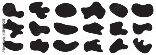 Organic shape round form set. Liquid organic blob. Abstract organic blob shapes vector irregular figures isolated on transparent background. Black cube drops. Various shapes of irregular blobs