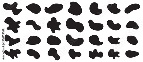 Various shapes of irregular blobs. Doodle drops of circle. Organic amoeba blob shape abstract black color. Organic shape round form set. Liquid organic blob. 