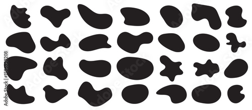 Various shapes of irregular blobs. Doodle drops of circle. Organic amoeba blob shape abstract black color. Organic shape round form set. Liquid organic blob. 