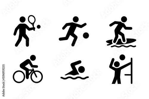 Silhouette of sports activities: tennis, soccer, surfing, cycling, swimming, volleyball icons