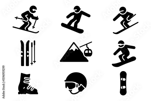 Winter sports icons featuring skiing and snowboarding in bold silhouette style