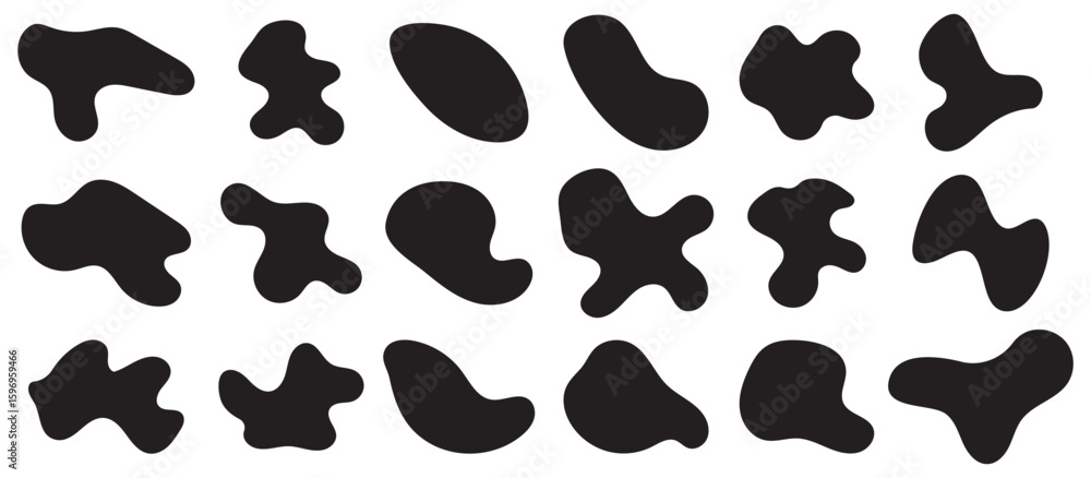 Fototapeta premium Various shapes of irregular blobs. Doodle drops of circle. Organic amoeba blob shape abstract black color. Organic shape round form set. Liquid organic blob. 