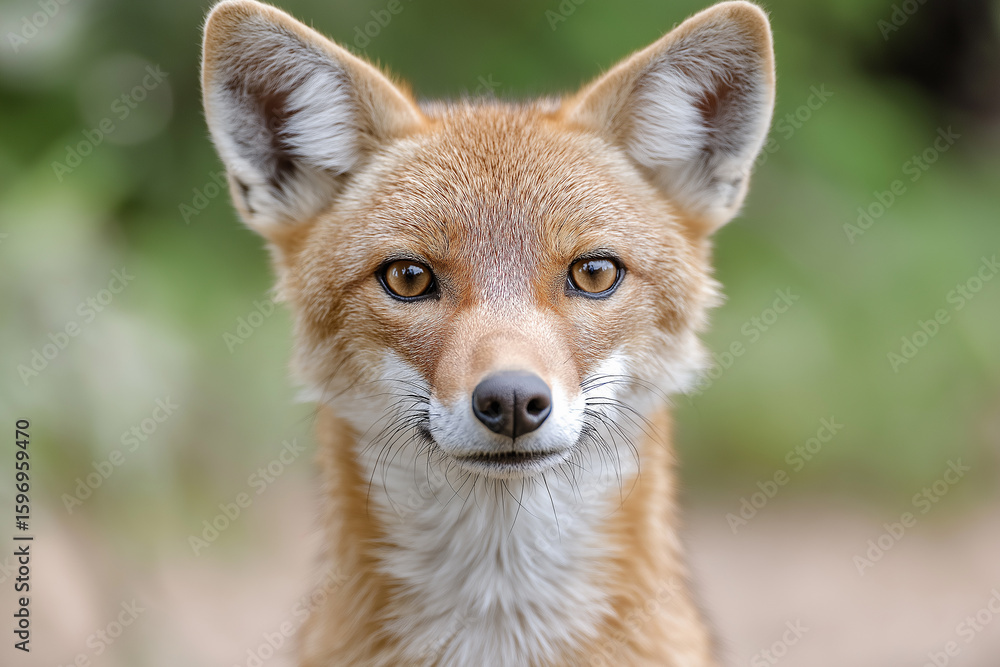 Fototapeta premium Fox wildlife in nature with fur and sharp ears, eyes in portrait focus outdoors.