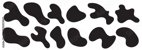 Organic shape round form set. Liquid organic blob. Abstract organic blob shapes vector irregular figures isolated on transparent background. Black cube drops. Various shapes of irregular blobs