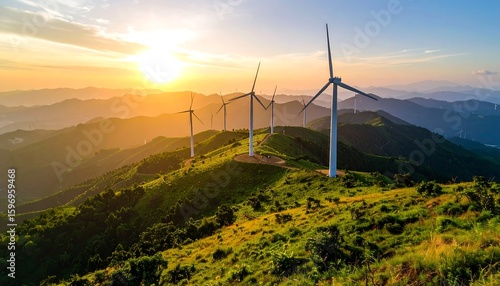 Wind turbines on a hillside at sunset