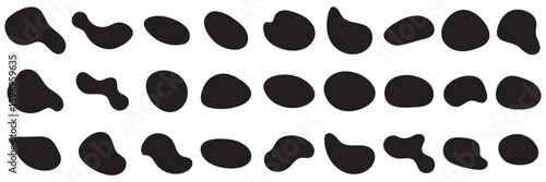 Organic shape round form set. Liquid organic blob. Abstract organic blob shapes vector irregular figures isolated on transparent background. Black cube drops. Various shapes of irregular blobs