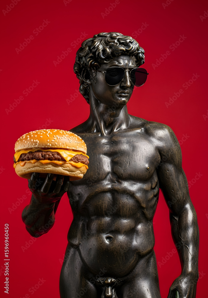 Fototapeta premium Antique sculpture wearing sunglasses is posing on a red background while holding a delicious burger